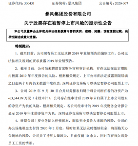 暴风集团未披露2019年业绩预告 存暂停上市风险，深交所发问询函 公司风险 第2张